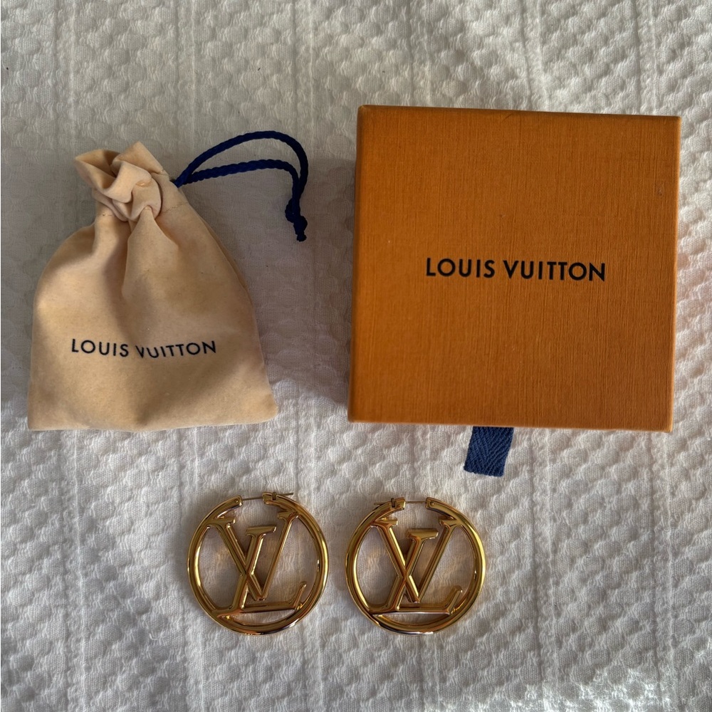 Louis Vuitton Gold Logo Hoop Earrings